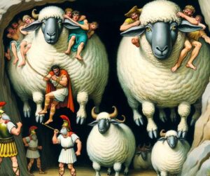 Une image représentant de manière amusante et imaginative le plan d'évasion astucieux d'Ulysse avec des moutons géants, échappant à la vigilance de Polyphème le cyclope de l'odyssée d'Homère. 