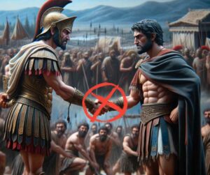 L'image illustre Agamemnon et Achille en plein échange tendu, devant une armée de soldats. Ils sont en train de se serrer la main, mais un grand "X" rouge superposé indique un désaccord ou un refus. Le décor montre un campement militaire avec des tentes et des montagnes à l'arrière-plan.