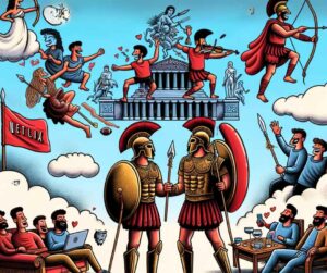 Une image qui résume de manière créative l'essence de l'Iliade, en décrivant les causes de la guerre, la formation des troupes et les activités de loisirs des Troyens et des Grecs d'une manière amusante et décalée.