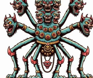 Scylla d'Ulysse, une créature monstrueuse avec douze jambes, six têtes et une ceinture de chiens démoniaques. La créature est à la fois fantaisiste et intimidante. Le style global est imaginatif et ludique, créant une créature à la fois effrayante et amusante, parfaite pour une interprétation légère d'un monstre mythique.
