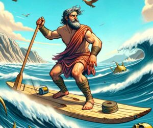 La scène montre Ulysse, un homme qui, même après avoir affronté des monstres marins et des tempêtes divines, ne renonce jamais. Il est représenté comme le roi des solutions de fortune, équilibré sur une planche de surf de fortune. L'image capture l'esprit aventureux d'Ulysse, mettant en valeur sa détermination et son ingéniosité. 