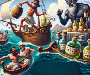 Une image représentant Ulysse et son équipage quittant l'île des Lotophages, avec un clin d'œil humoristique à l'art de l'apéritif dans l'odyssée d'Homère.