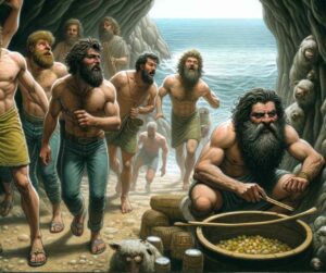 L'image représentant les guerriers grecs en expédition côtière et leur découverte de la grotte de Polyphème le cyclope d'Ulysse. Une scène dépeinte dans l'Odyssée d'Homère.