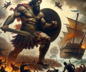  Une image illustrant Ajax durant la guerre de Troie, repoussant héroïquement une attaque troyenne.