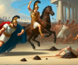 Une image mettant en scène Ajax dans un moment mémorable sur le champ de bataille, y compris son incident comique avec Athéna.