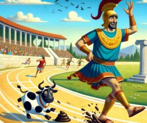 Une illustration d'Ajax le Petit participant à une course à pied, glissant sur une bouse de vache dans un décor de la Grèce antique, sous le regard amusé d'Athéna, transformée en vache pour assister à la scène. 