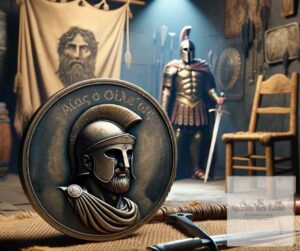 Cette image montre Ajax le Petit célébré par les Locriens d'Opuntian. Vous y trouverez une pièce de monnaie à son effigie, symbolisant son statut de héros, et en arrière-plan, une représentation de la tradition locrienne de réserver une place pour lui dans leur armée.