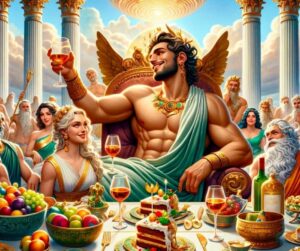 Une illustration représentant Tantale, le fils de Zeus, dans un cadre luxueux et divin, semblable à une star d'Hollywood lors d'une soirée VIP.