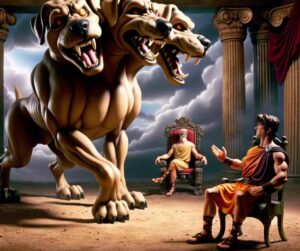 L'image montre Héraclès ramenant Cerbère, le chien à trois têtes, du monde souterrain. La scène dépeint avec humour notre héros grec "promenant le chien", tout en sauvant Thésée de la "chaise de l'oubli". Le décor restitue l'atmosphère mythique de la Grèce antique, mêlant l'humour à l'aventure.