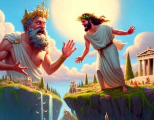 L'illustration met en en scène Ulysse et Éole au moment où ce dernier refuse de lui accorder une deuxième faveur. 