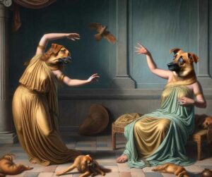 Une image illustrant la transformation mythique d'Hécube en chienne, dépeinte de manière fantaisiste et humoristique.