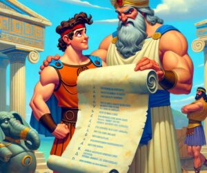 L'illustration représente Heracles recevant les fameux douze travaux des mains de son cousin, le roi Eurystée. La scène se déroule dans la Grèce antique et capture le moment avec un mélange de réalisme et d'amusement, reflétant l'aventure de type "Koh-Lanta" qui attend notre demi-dieu.