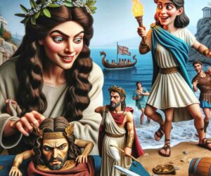 Une illustration ironique et drôle montrant Artémis qui cherche le moyen de sauver son frère Oreste et son cousin Pylade en Tauride. 