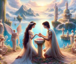 Une image mettant en scène Iphigénie qui se marie avec Achille lorsqu'ils sont dans l'au-delà. 