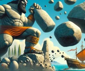 L'illustration met en scène un des Lestrygons de la mythologie grecque en train de lancer des rochers sur le navire d'Ulysse lors de sa 5ème étape de L'Odyssée d'Homère. 