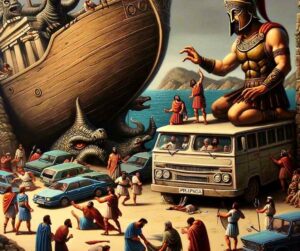L'image incarne le moment de L'Odyssée d'Homère où les Lestrygons, les géants mangeurs d'hommes, détruisent les navires des marins d'Ulysse. 