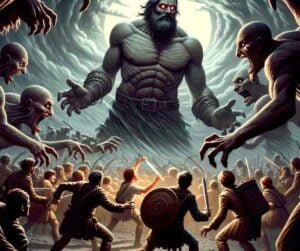L'image illustre les marins d'Ulysse entourés des géants mangeurs d'hommes lors de la 5ème étape de L'Odyssée d'Homère. L'atmosphère fait penser à un épisode de The Walking Dead. 