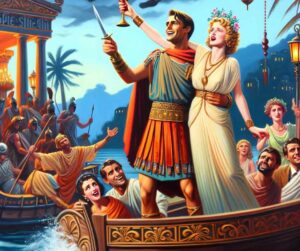 Une image fun et décalée de Pâris et d'Hélène de Troie en train de célébrer leur union avant la Guerre de Troie. 