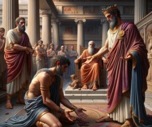 L'illustration représente la scène de l'ancienne Phthie avec le roi Eurytion, sa fille Antigone et Pélée. Le décor et les expressions traduisent le mélange de générosité, de malaise et d'ironie du destin dans l'histoire.