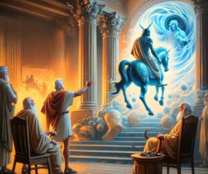 L'illustration met en scène le moment où Pélée, après ses aventures, est exilé de son royaume et devient finalement une divinité. Un mélange de l'ancienne mythologie grecque avec une touche de conte moderne.