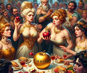 Une image illustrant la scène mythologique où Eris provoque le chaos lors des noces en donnant la pomme de la discorde au cours du banquet. 
