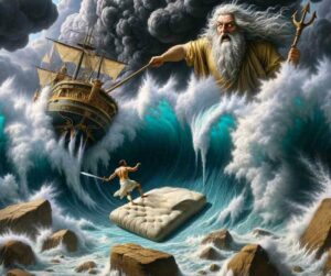 Cette image met en scène Ajax le Petit dans son périple maritime tumultueux, avec Poséidon déclenchant une tempête et Ajax atterrissant de manière surprenante sur un matelas de plumes. 
