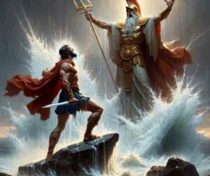 Cette scène dramatique montre Ajax le Petit, défiant les dieux après avoir survécu à la tempête, et la réaction de Poséidon qui s'apprête à fendre la roche en deux. 