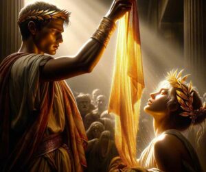 Une illustration représentant la scène de la mythologie grecque où Hésione échange son voile d'or pour sauver son frère Podarces (plus tard connu sous le nom de Priam).