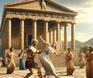 Une illustration représentant Thésée qui enlève Hélène de Troie alors qu'elle est tranquillement en train de danser devant le temple d'Artémis. 