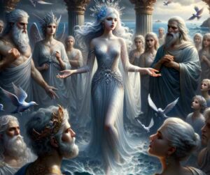 Une image représentant Thétis, la divinité marine éblouissante, entourée par Zeus et Poséidon, ainsi que la présence contrastante de Pélée. 