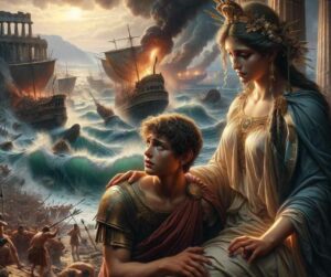 Une image illustrant la scène de la mythologie grecque où Thétis conseille à Néoptolème, son petit-fils, d'attendre avant de quitter Troie, lui permettant d'éviter une tempête. 