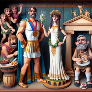 Une image de Pénélope d'Ulysse qui épouse son prétendant, grand vainqueur des jeux olympiques, au grand désespoir de son père, Icarios, que l'on voit sur la droite. La maison dans laquelle il se trouve est le temple qu'il a créé après le départ de sa fille. 