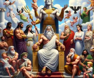 Le dieu de l'Olympe entouré de ses épouses et de ses enfants dieux et demi-dieux.