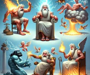 Zeus faisant face à divers défis de la part de personnages importants de la mythologie grecque. La scène illustre avec humour la réaction de Zeus aux frasques de Prométhée, d'Apollon, de Tantale et d'Asclépios, mettant en évidence sa toute-puissance, mais aussi les difficultés qu'il a rencontrées dans la gestion de ces personnages rebelles.