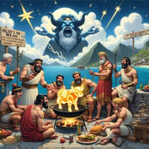 L'illustration met en scène les compagnons d'Ulysse en train de faire cuire un des bœufs sacrés d'Hélios en étant amusés. Derrière on voit le dieu Hélios en colère. 
