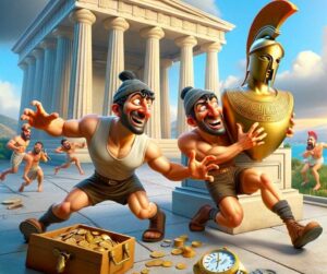 Ulysse et Achille en mode cartoon qui vole le Palladium d'Athéna. 