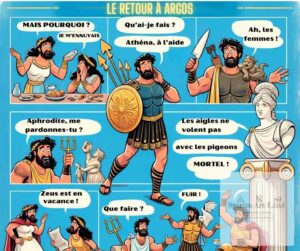 Planche de bande dessinée représentant le drame conjugal de Diomède lorsqu'il est de retour à Argos après la Guerre de Troie.