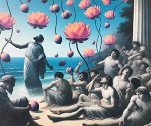 Une illustration capturant l'influence apaisante et hypnotique du fruit du lotus sur les marins d'Ulysse, ainsi que les efforts d'Ulysse pour les ramener à la réalité.
