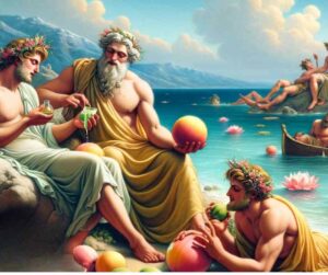 Une illustration représentant la scène des Lotophages dans la mythologie grecque, capturant leur état de relaxation absolue et la tentative d'Ulysse de ramener ses hommes à la réalité.