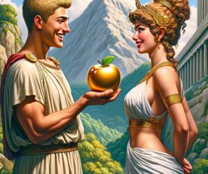 Une image capturant le moment où Pâris, représenté comme un play-boy antique, donne la pomme d'or à Aphrodite. En échange, celle-ci lui donnera l'amour de la plus belle femme du monde : Hélène de Troie. 