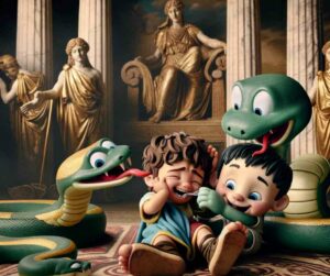 Une illustration qui capture le moment où Hélénos et sa sœur jumelle Cassandre sont avec deux serpents dans le temple d'Apollon. 