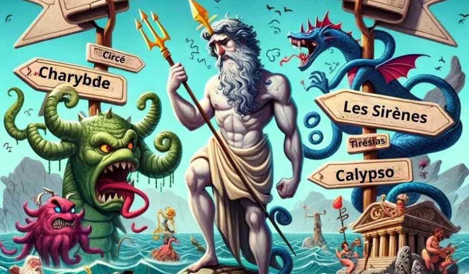 L'image représente le voyage épique d'Ulysse, avec ses nombreux défis et rencontres mythologiques, est prête. Elle illustre de manière amusante et vivante l'Odyssée d'Ulysse.