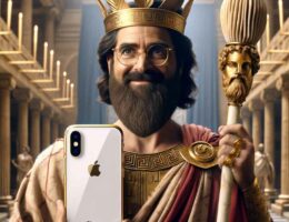 Une image représentant Agamemnon, le "roi des rois", assez classe avec un sceptre d'ivoire, et un iPhone ultra-premium.