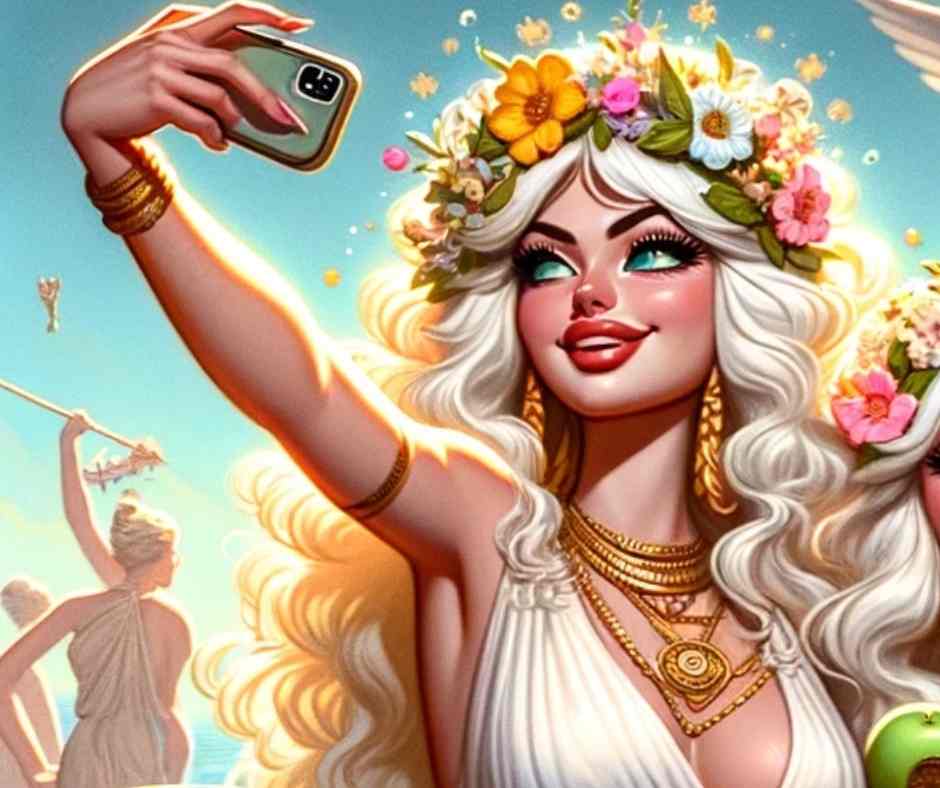 L'image représente une Aphrodite moderne en train de se prendre en selfie.