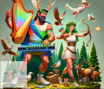 Cette image met en scène Apollon et Artémis, deux des enfants de Zeus de manière originale et créative. Apollon joue de la musique et Artémis chasse avec son arc.