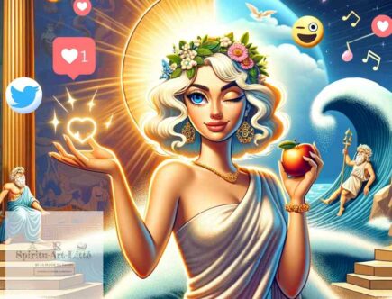 Cette illustration d'Aphrodite est créative et originale. On y voit la déesse de l'amour nous faire un clin d'œil. Elle tient dans sa main gauche une pomme (celle de la discorde) et elle est entourée d'émoticônes modernes.