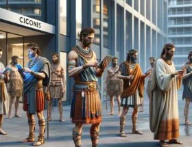Cette image illustre les Cicones, un peuple de l'antiquité grecque, dans un cadre moderne et contemporain avec un style hyperréaliste. Ils sont dehors, vêtus dans des habits antiques, en train d'interagir avec le monde à travers des smartphones.