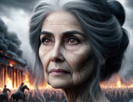 L'image montre la reine Hécube, âgée, qui constate avec tristesse que sa cité est en train de brûler.