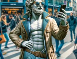 Une image qui illustre la statue d'Hélénos, le frère jumeau de Cassandre dans un décor contemporain et moderne en train d'utiliser un smartphone.