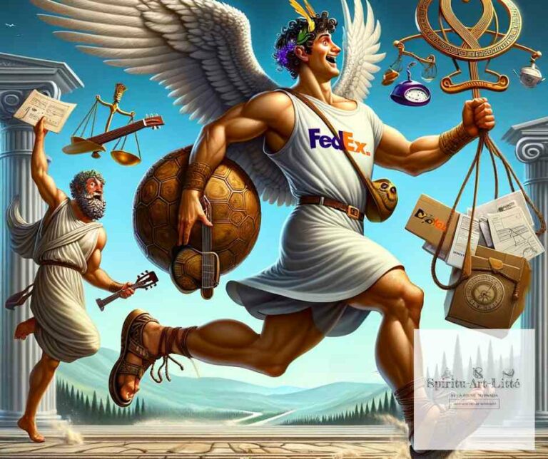 Cette image drôle et décalée représente Hermès, l'un des enfants de Zeus, en train de livrer du courrier. Son T-shirt FedEx rajoute de l'humour à la scène.
